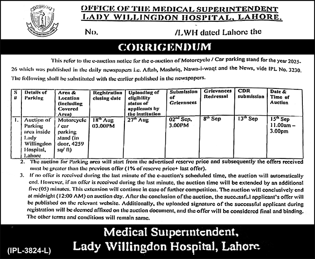 Lady Willingdon Hospital Lahore Tender Notice